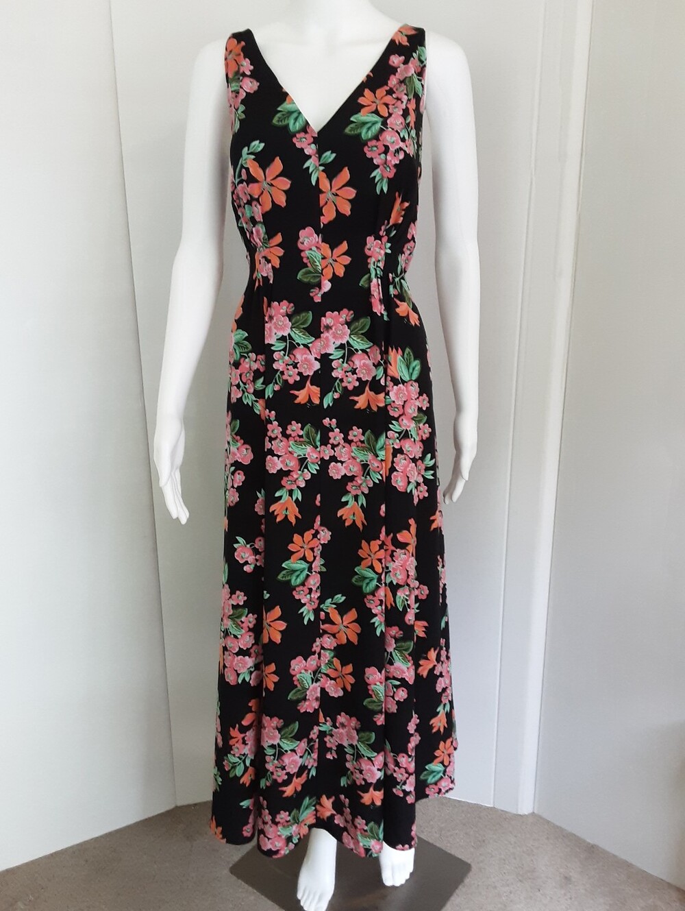 ANN TAYLOR Capri Garden V-Neck Black Multi-Color Floral Maxi Dress Sz 14 EUC